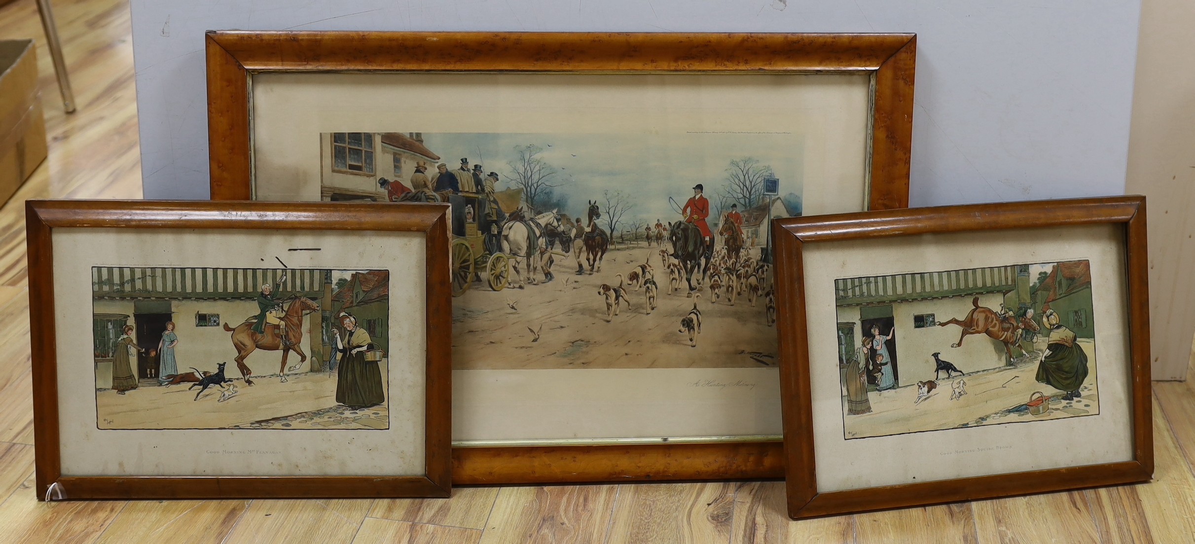 Cecil Aldin (1870-1935), pair of colour prints, 'Good Morning Mrs Flanagan' and 'Good Morning Squire Brown', overall 33 x 47cm and a photo-lithograph, 'A Hunting Morning', after George Wright, overall 50 x 82cm, all mapl